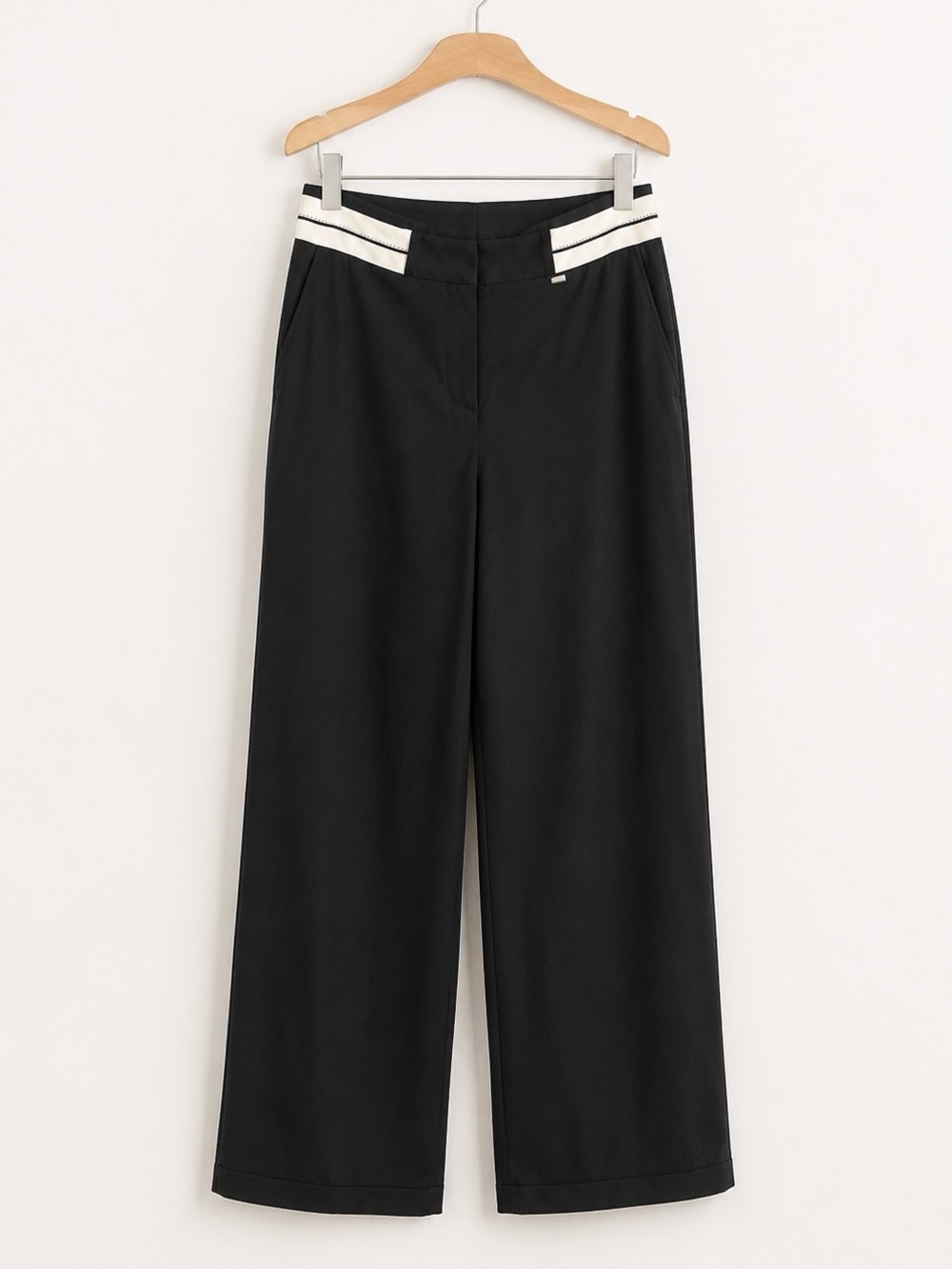 Bershka Black Wide-Leg Pants with White Waist Detail